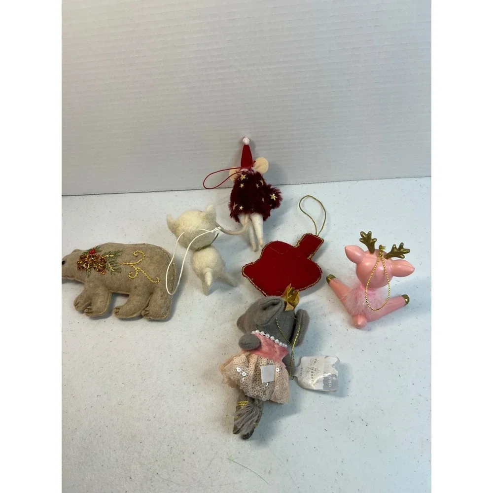 Lot of 6 Whimsical Christmas Ornaments Pink Deer Felt Polar Bear Mouse Crown Dog
